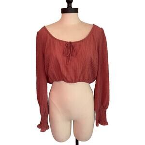 WAYF Women’s Crop Long Sleeve Textured Peasant BOHO Blouse Roast Brown Size M
